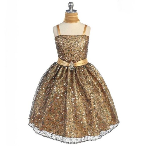 Sophia Sewing Girls Dress 2 – Gold Sequin Satin & Tulle Party Gown w/ Bow | EUC - Picture 3 of 16